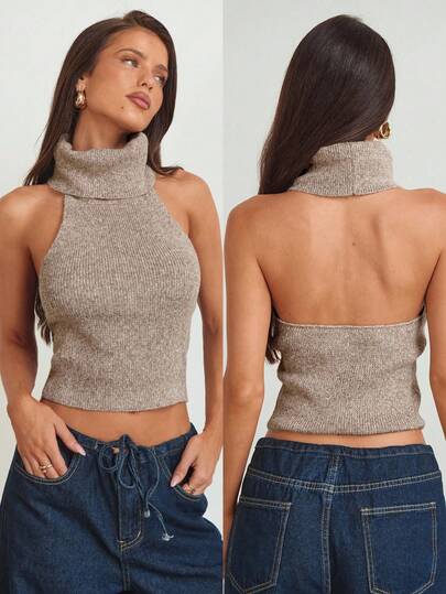 Aloruh Women's Old Money Style Elegant High Neck Backless Sleeveless Knit Top, Spring Women, Spring Breaks ,Casual For Women, Women Going Out Top