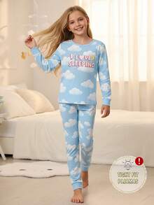 2件套女童梦幻印花圆领长袖上衣和数码印花针织打底裤，柔软弹力贴身家居服套装