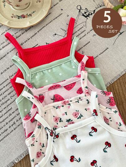 LMoss Kids LMoss 5-Piece Cute Strawberry And Floral Print Knitted Romper For Baby Girls, Perfect For Spring And Summer, Casual And Stylish.