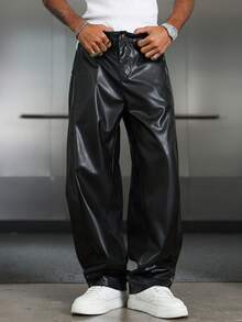 PAVTROS Men's Solid Color Pocket PU Leather Wide Leg Loose Casual Pants - Black - View 3