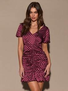 SHEIN BAE Women's Polka Dot Print Ruffle Elegant Short Sleeve Dress - Burgundy - View 6