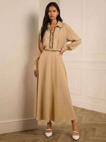 Lilora 优雅时尚 华丽纯色 缀满亮片和水晶珠装饰 翻领纽扣 落肩长袖女式衬衫 - 卡其色 - 查看 8