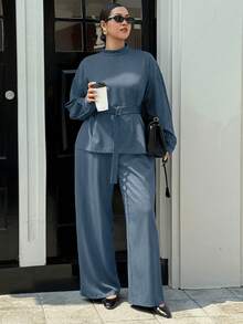 Dazy Plus 两件套休闲条纹立领上衣配腰带和宽松直筒裤，大码女装，春秋季 - 藍白色 - 查看 3