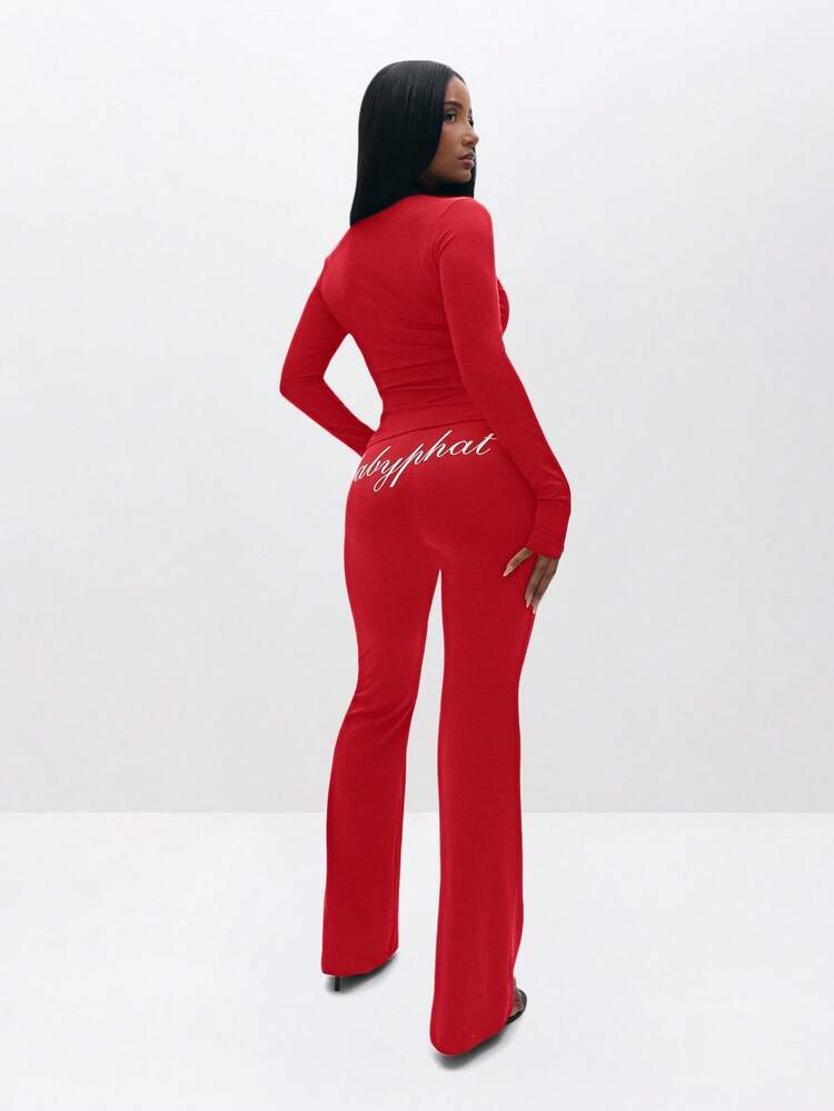BABYPHAT Pull On Flare Leg Leggings With Cursive Script Print High Waisted Stretchy Pants For Casual Daily Wear
