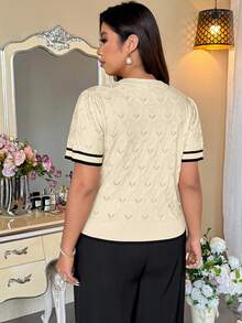 SHEIN Clasi Women's Casual Daily Simple Commuter Valentine's Day Street Style Versatile Business Elegant Intellectual Round Neck Striped Regular Fit Short Sleeve Color Block Apricot Loose Straight Fit Pullover Plus Size Knit Top, Spring Summer Knit Tops Sweater Top Knit Top Women Summer Sweaters For Women - Multicolor - View 2