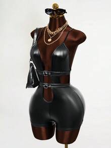 Mistrie 新款女士PU连体裤，无袖设计，配有吊带和交叉绑带，适合派对、夜店、约会、郊游、音乐节和嘉年华派对等场合。 - 黑色 - 查看 4