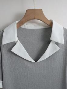 SHEIN 商务休闲通勤日常撞色二合一翻领修身T恤 - 灰色 - 查看 3
