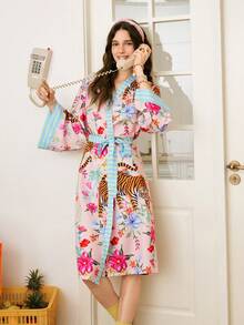 Chillnights Áo choàng nữ Young Tiger, họa tiết hoa lá, nhuộm tie-dye, phối màu. - Nhiều màu - Xem 5