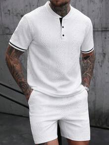 Manfinity Homme 男士撞色纹理面料Polo衫套装，适合居家、外出和聚会穿着。男士两件套休闲短裤套装，夏季两件套，白色男士两件套短裤套装，男士Polo短裤套装，复古风格，适合日常休闲、周末旅行、户外活动、探险旅行、轻松的工作环境或半正式场合，可作为男友/丈夫礼物、周年纪念/生日礼物、派对、暑假、新年、婚礼、情人节礼物。 - 白色 - 查看 4