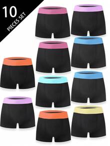 Teen Boys Trunks-10 Pack Boxer Briefs Black Base Colorful Waistbands Bright Multicolor Striped Elastic Waistband Low Rise Comfortable Stretch Everyday Active Sleep Sports Pack Multipack Durable Tagless No Itch Four Seasons 2026 Holiday Essential