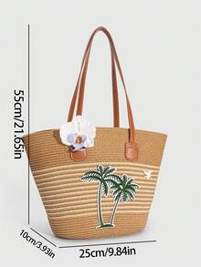 ROMWE Fairycore 1 Buah Tas Tote Wanita Bertema Liburan dengan Hiasan Kerang, Bintang, dan Mutiara, Tas Pantai Jerami Alfabet Kapasitas Besar, Cocok untuk Musim Semi/Panas - Khaki putih - View 2