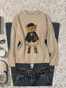 Attitoon 休闲复古风格返校学院风复古造型可爱熊图案针织毛衣，适合秋冬季 - 彩色 - 查看 1