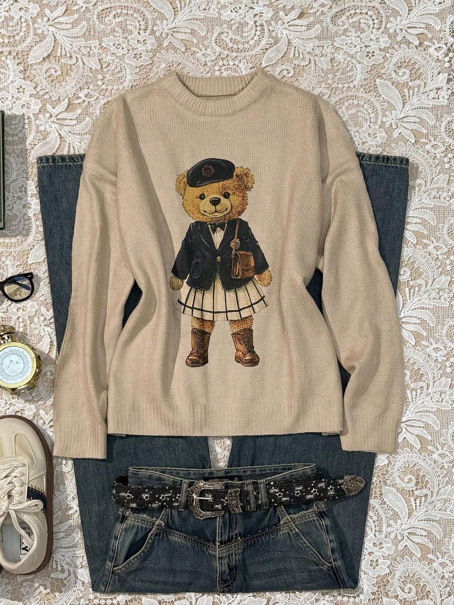 Attitoon 休闲复古风格返校学院风复古造型可爱熊图案针织毛衣，适合秋冬季 - 彩色 - 查看 1