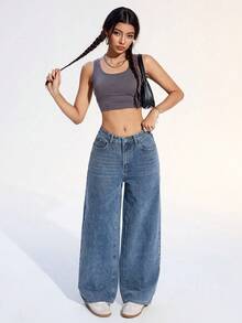 SHEIN ICON Celana Jeans Denim Kasual Longgar dengan Desain Saku Warna Polos - Biru - View 4