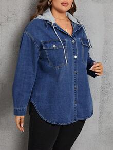 EMERY ROSE Plus Size Women Autumn Dropped Shoulder Long Sleeve Drawstring Hooded Denim Jacket With Pockets - Dark Wash - View 4