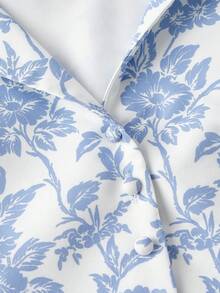 SHEIN MOD 蓝白印花翻领纽扣前襟收腰中长连衣裙 - 藍白色 - 查看 3