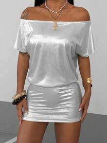 StreetHx Women's Off-Shoulder Dress, Street Style Y2K Baddie Punk Rock Matte White Streetwear Millennium Aesthetic Short Sleeve Dress, Autumn/Winter - White - View 6