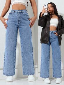 SHEIN PETITE Women's Casual Everyday Slant Pocket Washed Straight Leg Jeans - Blue - View 7