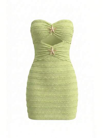 Sweetra Metal Decor Hollow Out Waist Cinched Short Party Dress, Sexy & Chic