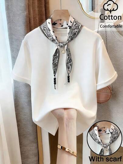 Franclia French-Style Chic And Slimming Round Neck White Cotton T-Shirt With Apricot Ribbon, Suitable For Commuting, Women's Spring And Summer Top, White Women's T-Shirt, Women's Casual Wear, Women's Holiday Wear, Women's Casual Top, Women's Casual Wear, White Top, Summer Top, Women's Summer Wear, Women's Outing Top, Outing Wear. Cotton Tops Top With Scarf Women Tops Short Sleeve Tops Casual Tops Women Summer Bandana Top Women