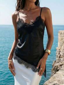 Nevyona Women's Sexy Vacation Style Solid Color Contrast Lace Asymmetrical Hem Backless Camisole Top - Black - View 1