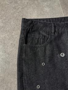 ROMWE MEN Street Life Men's Casual Washed Metal Eyelet Decoration Denim Jeans - Black - View 7
