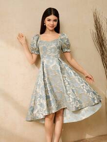 Dusky Blue Summer Elegant Graduation Formal Dress For Teen Girls,Flower Girls,Weddings,Galas,Brocade Deep V-Neck Puff Sleeve Puffy Princess Dress - Baby Blue - View 7