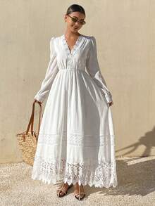 DAZY Lace V-Neck Midi Vacation Dress For Women Wedding Guest Dress - Beige - View 5