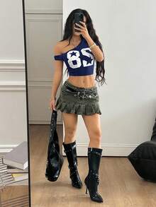 Coolane 女士夏季音乐会街头服饰 Y2K 运动装比赛日图案数字图案舒适不对称领口短款T恤 - 藏蓝色 - 查看 6