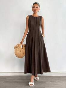 Siren Gaze 女士撞色无袖A字连衣裙 - 棕色 - 查看 7