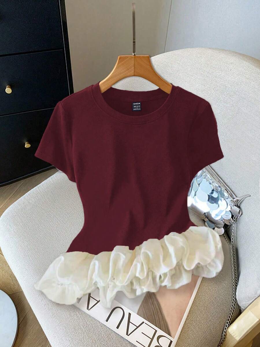 GlowEve 女士时尚短袖圆领针织拼接泡泡下摆T恤，夏季 - 彩色 - 查看 1