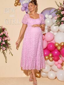 Loomaby Pregnant Women's Sweetheart Collar Ruffle Hem Pink Summer Dress,Gender Reveal Dress,Maternity Dress, Baby Shower Dress - Pink - View 4