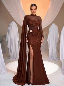 Aureia Đầm maxi dáng đuôi cá dài tay, màu nâu thanh lịch, tối giản, cổ cao, đường viền cổ bất đối xứng, thắt lưng trang trí khóa kim loại, xẻ tà cao, phù hợp cho mọi dịp trang trọng, đầm dạ hội trang trọng. - màu nâu - Xem 7