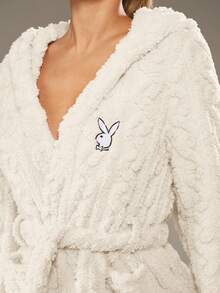 Missguided x Playboy Hooded Fluffy Teddy Robe With Belt Long Sleeve Bathrobe Cozy Loungewear Winter Home Comfort - Apricot - View 5