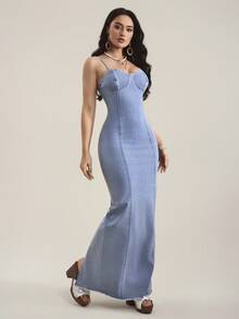 SHEIN Tall 女士修身鱼尾下摆优雅吊带牛仔连衣裙 - 淺色水洗藍 - 查看 5