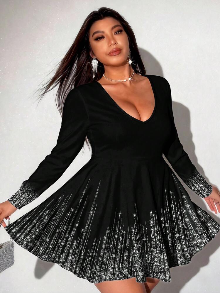Elenzga Women's Rhinestone Pattern Digital Print V-Neck Dress, Suitable For Various Occasions Such As New Year, Parties, Graduation Season, Back-To-School Parties, Dates And Daily Wear. It Has Multiple Styles Including Fashion, Elegant, Casual, Sexy, And Streetwear. Suitable For Autumn, Winter, Spring, Summer, Spring/Autumn, Autumn/Winter. Long Sleeve Dress, Casual Dress, Party Dress - Multicolor - View 3