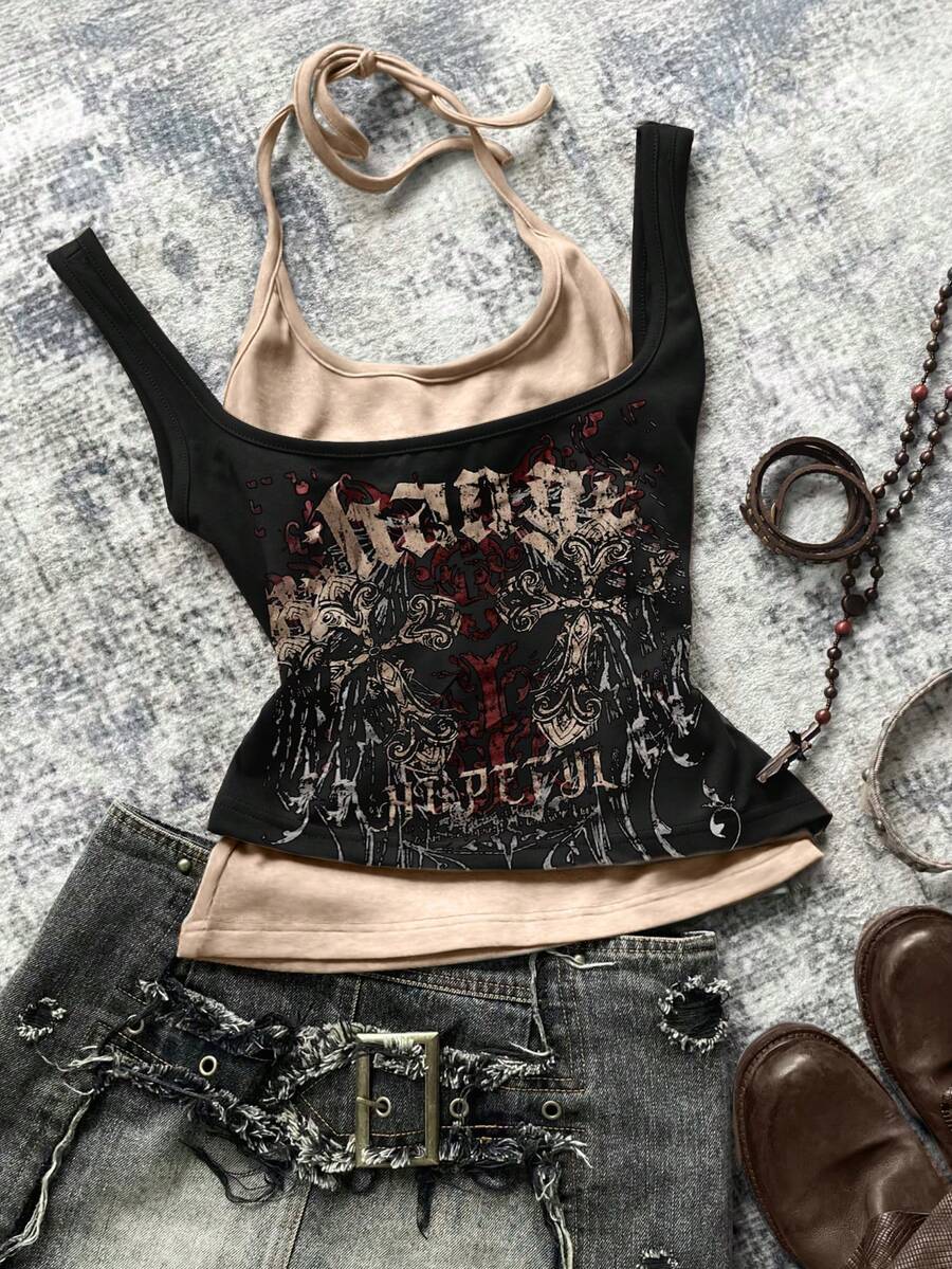 Glimmora Women's Punk Style 2 In 1 Printed Top - Multicolor - View 1