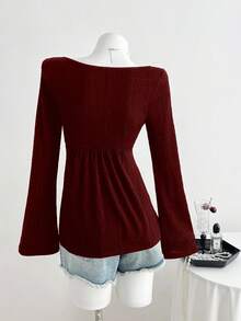 Elamini 女士提花纹理休闲百搭新款扭结修身V领长袖T恤，秋冬款 - 酒紅色 - 查看 2