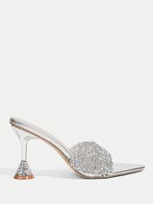 CUCCOO TILAWA Women's Summer Crystal Ankle Strap Pointed Toe Stiletto High Heel Sandals, Sexy Stiletto Heel Transparent PVC Splice White PU Party Club Shoes Valentine's Day - Silver - View 2