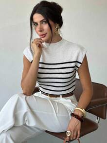 Firerie Women's Elegant Casual High Neck Loose Casual Versatile Sleeveless Striped Knit Tank Top, Suitable For Carnival,Party, Outings,Summer Outfits,Spring Outfit, Autumn/Winter/Spring/Summer Campus Wear,Daily - Black and White - View 2