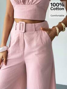 Firerie 女士优雅夏季乡村音乐会外出波西米亚海滩度假基本休闲办公通勤口袋100%纯棉阔腿七分百慕大短裤，粉色，100%水洗纯棉低腰直筒宽松裤女士亚麻裤女士阔腿裤阔腿裤女士春夏 - 粉色 - 查看 5