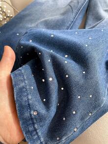 Tween Girls' Blue Denim Jeans With Glitter Hem, Loose Fit Bling Jeans Rhinestone Jeans Sparkly Jeans - Blue - View 5