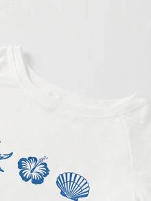 Sweetra Women's Summer Slim Fit Asymmetrical Shoulder T-Shirt, Ocean Life Hibiscus Starfish Shell Beach Basic One-Shoulder Top - White - View 5