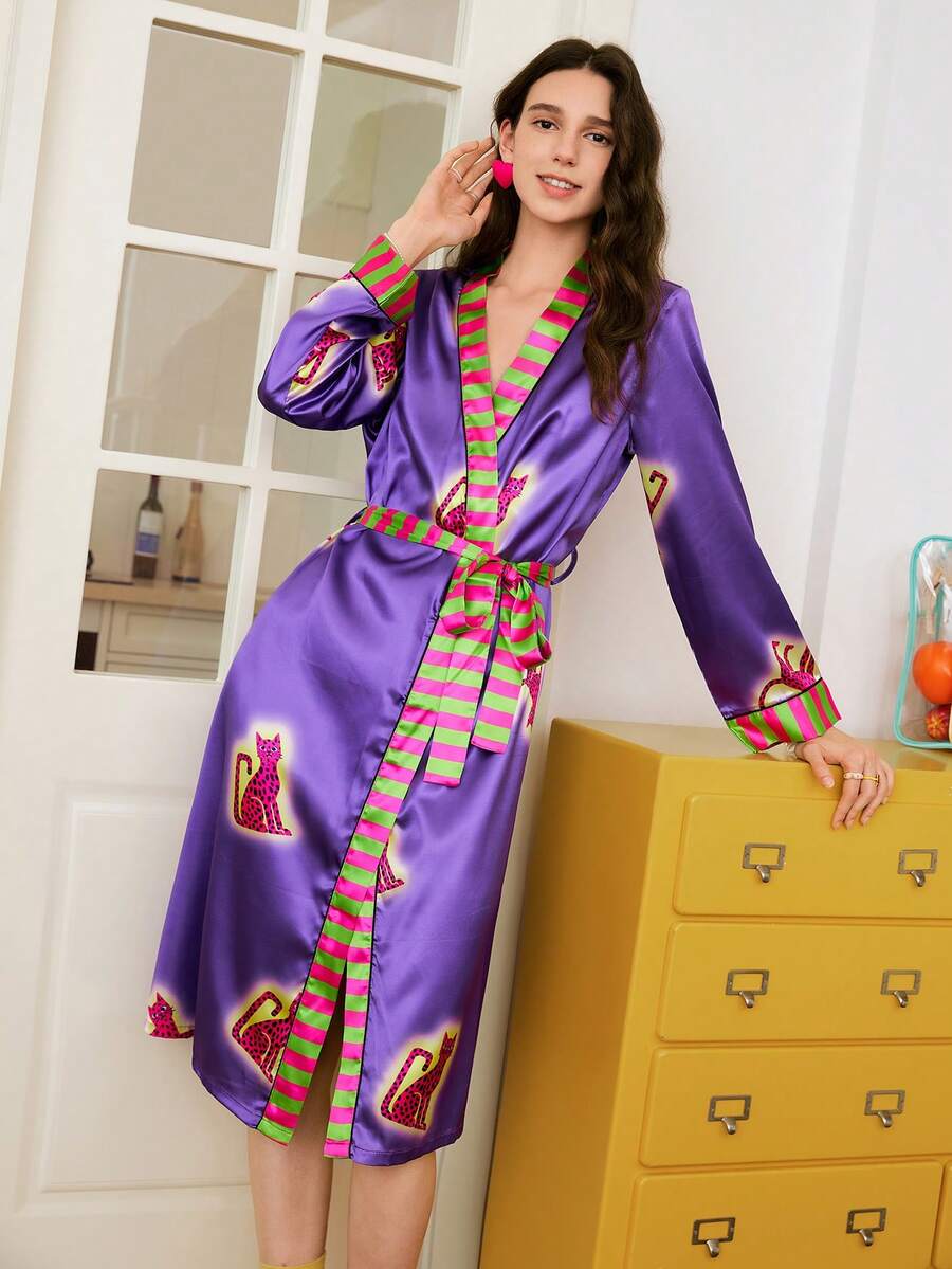 Chillnights 年轻豹纹条纹撞色印花缎面女式睡袍 - 紫色 - 查看 1