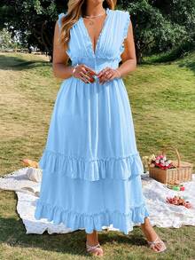 Flirla Gaun Wanita Ukuran Besar Elegan Warna Polos dengan Ruffle dan Tali Pengikat - Biru - View 3