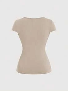 Sweetra Áo thun phối màu tương phản, buộc dây, kiểu dáng thường ngày, xếp nếp, ghép mảnh. - Màu Khaki - Xem 2