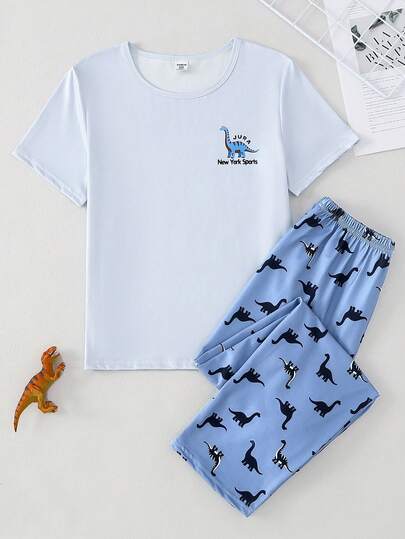 2pcs Boys Casual Outfit - Round Neck Short Sleeve Top With Dog Print Pants, Soft & Comfortable Pajama Set