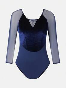 少女优雅藏蓝色芭蕾舞网纱长袖紧身衣，丝滑弹力天鹅绒面料，搭配光滑网纱拼接 - 藍色 - 查看 5