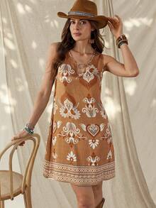 Wildy 波西米亚风休闲美式西部乡村复古图案无袖连衣裙，日常基本款，适合户外活动、通勤和春夏穿着。 - 彩色 - 查看 6