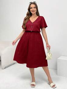 SHEIN Essnce Đầm nữ cỡ lớn thời trang xuân hè, dáng rộng thoải mái, đa năng, cổ chữ V, tay ngắn, ôm eo, dài ngang gối, màu xanh dương, có túi, phong cách châu Âu mùa hè, trang phục giáo viên cho nữ, đầm chống nắng, kiểu dáng đơn giản - Đỏ - Xem 4